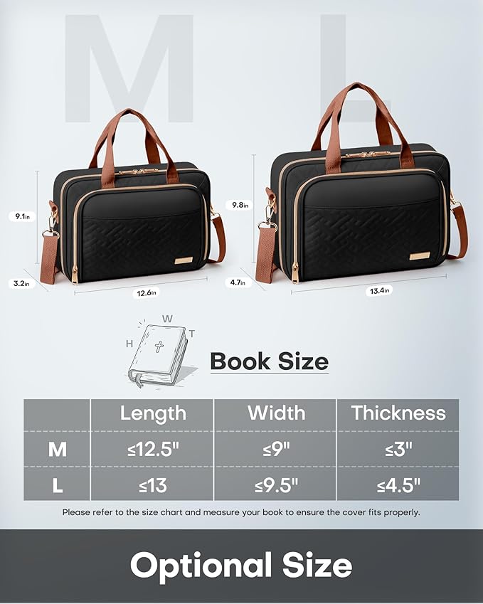 HOTOR Bible Cover - Multi-Pocket Bible Bag for Women Organizer with Bookmark, Portable Bible Case with Handles & Adjustable Shoulder Strap, Useful Gift for Work, Commute, 13.4'' x 4.7'' x 9.8'', Black