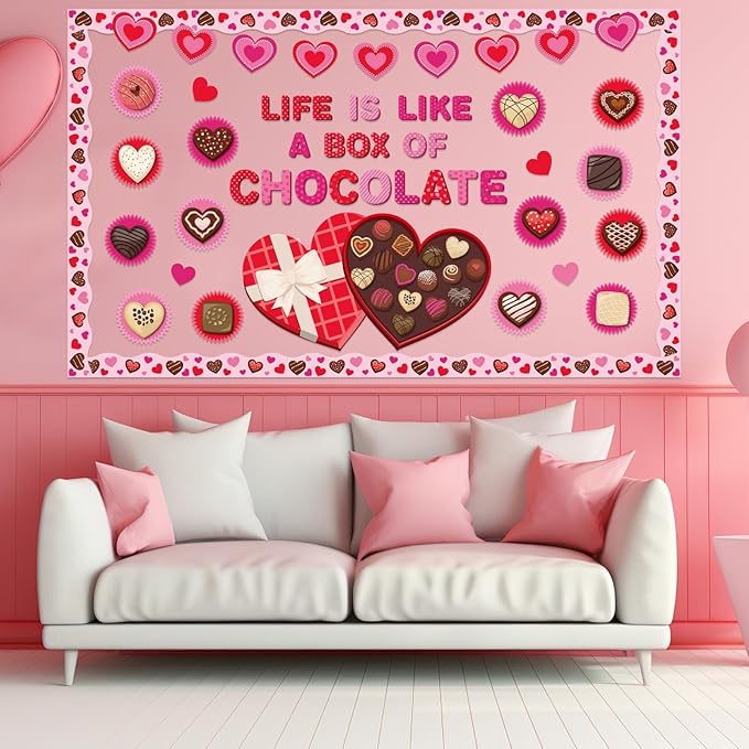 gisgfim Valentine’s Day Bulletin Board Set Decorations Valentines Classroom Decor Chocolate Heart Photo Craft Cutouts for School Home Chalkboard Wall Door Party Supply(Life Is like a Box of Chocalate)