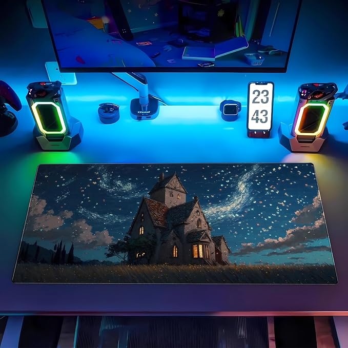 Anime Art Starry Sky Castle Desk Mat XL Large Gaming Mouse Pad | 31.5x15.7in, Non-Slip Base, Stitched Edges, Washable, Office Decor