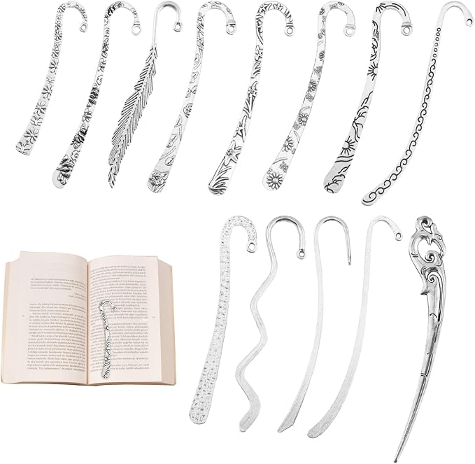 13pcs/Set Metal Bookmark for Women Men, Hairpin Hook Antique Tibetan Silver Carved Hook Bookmarks with Loop, Unique Charm Book Marker for Book Lovers Unique Gift
