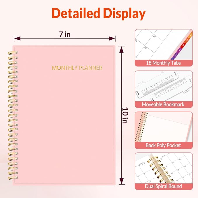 SUNEE Monthly Planner 2026-2027 - 18 Months Calendar Planner from Jul 2026 to Dec 2027, 7"x10" Yearly Planner with Tabs, Spiral Binding, Organizer for School Office Home, Pink