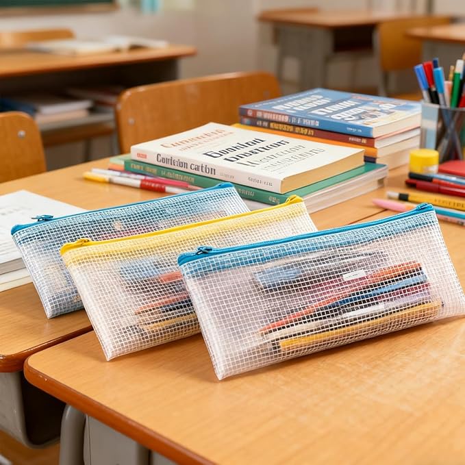 200 Pieces A6 Mesh Zipper Pencil Pouch Bulk Plastic Clear Mesh Storage Bags Waterproof Small Pencil Pouches for School Office Supplies Organization, 9.4 x 4.5 Inches (10 Colors)
