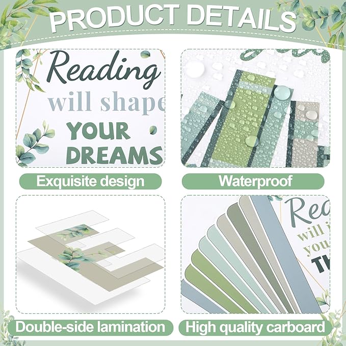 Qyeahkj Eucalyptus Reading Bulletin Board Poster for Classroom Boho Greenery Cutouts Motivational Bulletin Board Elementary Educational Prints Poster for Teachers Kindergarten Preschool Library