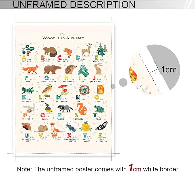Alphabet Woodland Animal Poster for Toddlers - Educational Learning Poster for Wall, Classroom & Nursery - 24x36in Unframed