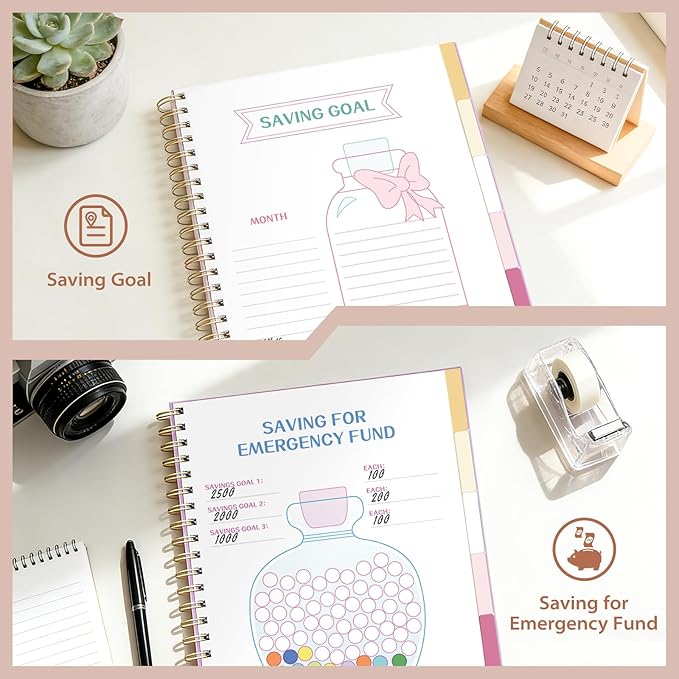 Ospelelf Budget Planner Undated, Money Expense Tracker with Pocket & Stickers, Thick Cardboard Cover, Large Pages for Spacious Writing, Original Fun Colorful Design, 12 Month Financial Notebook Beige