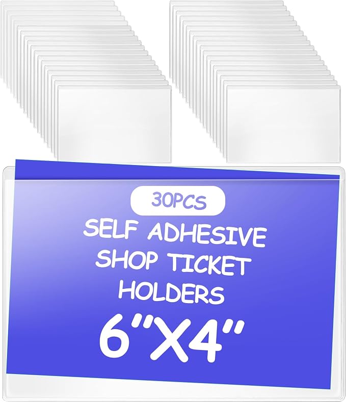 Outus 30 Pcs Self Adhesive Shop Ticket Holders Clear Plastic Sleeves Adhesive Pockets Work Order Job Ticket Holders for Back to School Student Label Home Office Posting Signs (6 x 4 Inch)