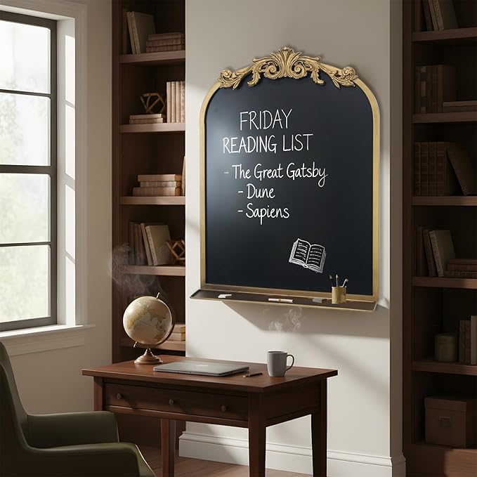 Vintage Magnetic Arch Chalkboard with Shelf - 18"x24" Decorative Wall Mounted Ornate Gold Framed Blackboard with Chalk, Clips & Cloth - Elegant Wedding Sign & Kitchen Menu Home Decor