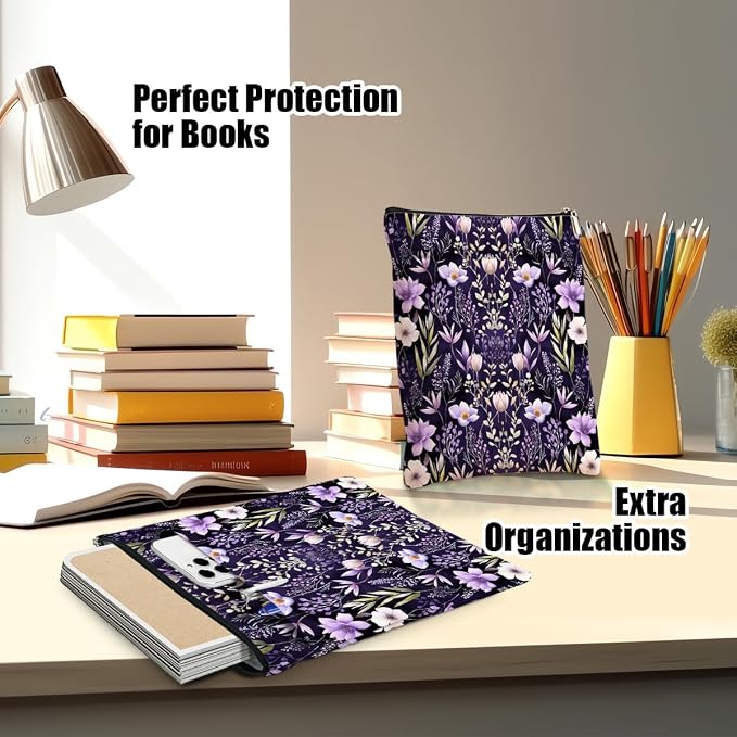Book Lovers Book Sleeve, Book Accessories Bookish Gifts Book Gifts Friendship Christmas Birthday Gifts for Women Floral Lovers Teacher Mom, Aesthetic Book Pouch Book Protector, Purple Flowers