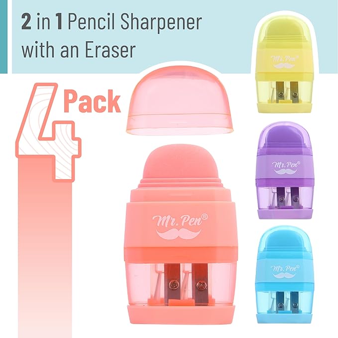 Mr. Pen- Pencil Sharpener & Eraser, 4 Pack, 2-in-1 Manual Sharpeners with Canister, 2 Sharpening Holes for Standard & Jumbo Pencils, Colorful Dual Hole Design for School, Office, Home, Kids