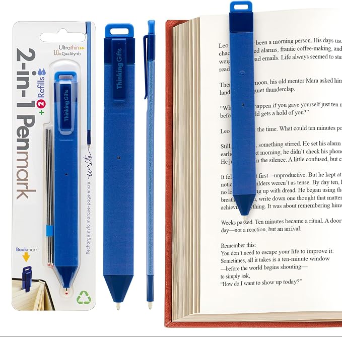 Gifts for Readers & Writers Pen Bookmark, Page Marker & Flat Writing Pen for Journal Notebook & Planner, Penmark Reading Accessory for Making Book Annotations, Blue