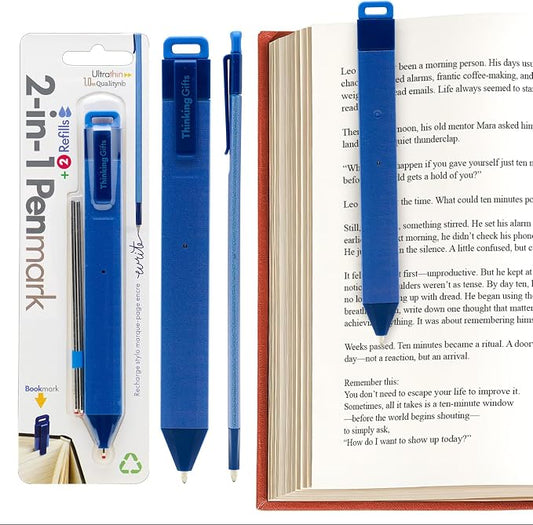 Gifts for Readers & Writers Pen Bookmark, Page Marker & Flat Writing Pen for Journal Notebook & Planner, Penmark Reading Accessory for Making Book Annotations, Blue