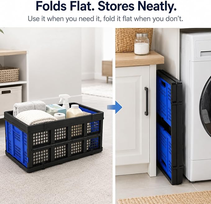 Collapsible Storage Crates 2 Pack, Heavy Duty Foldable Plastic Storage Bins, Stackable Garage & Trunk Organizers for Car, Home, Grocery & Moving Storage, 49L, Blue