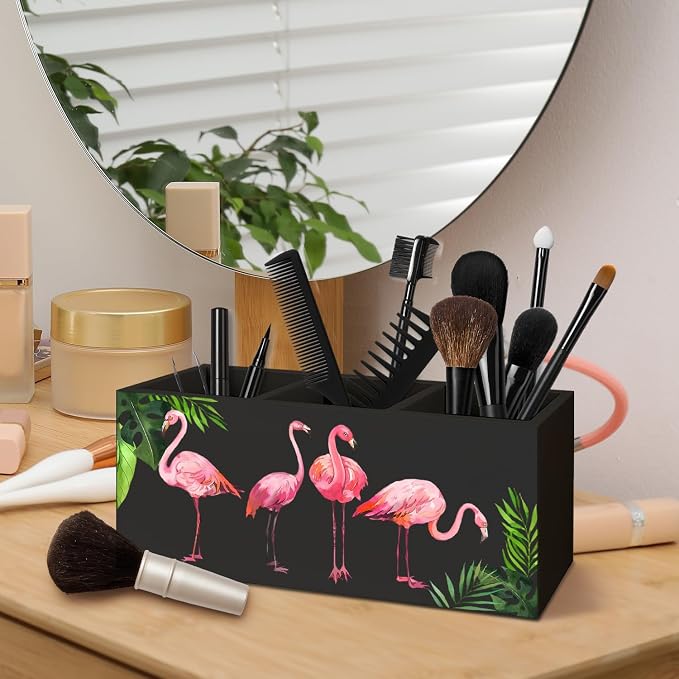 Tropical Pink Flamingo Wood Makeup Brush Toothbrush Holder Organizer for Vanity Bathroom,Pink Flamingo Gifts for Women,Girly Aesthetics Wooden Pen Pencil Holder for Desk Accessories(Black)