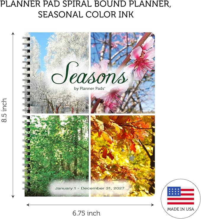 Planner Pad Spiral Bound January-December 2027/ Calender Year 6 3/4" x 8 1/2" Medium 3-Tier Funnel Down 12 Month Organizer, Seasonal Color Ink