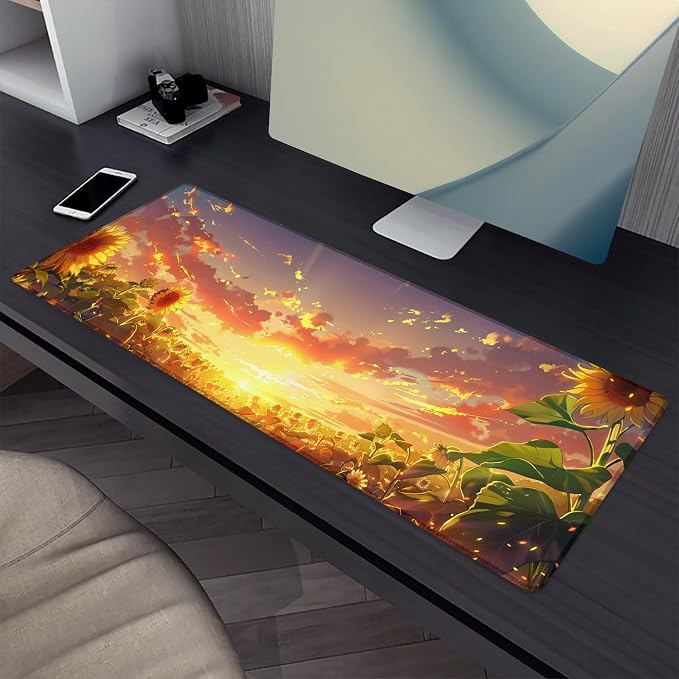 Sunflower Mouse Pad，Sunset Gaming Keyboard Mat，Laptop Computer Protector with Non-Slip Rubber Base，Large Extended MousePads Gifts for Desk Office Home，Deskmat Decor 31.5" x 11.8"