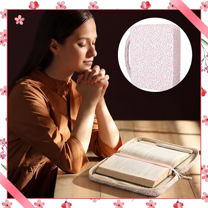 Aliceset Large Bible Cover Case for Women, Pink Floral Quilted Cotton Bible Carrying Case Organizer Bag with Handle and Zipper, for Christian Easter Gifts, Study Supplies Accessories