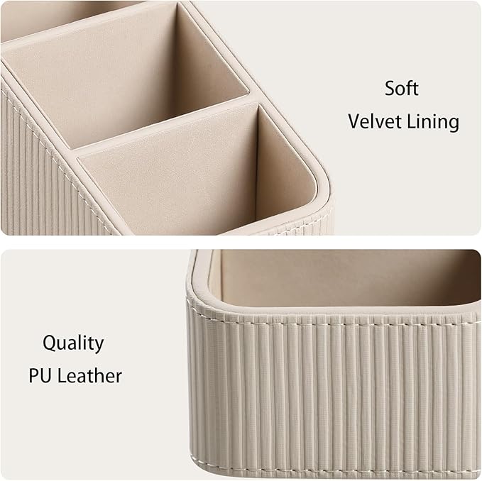 Remote Control Holder, PU Leather Nightstand Organizer Bedside Caddy with 3 Compartments, Small Desk Organizer for Remote/Pen/Glasses/Phone (Beige)