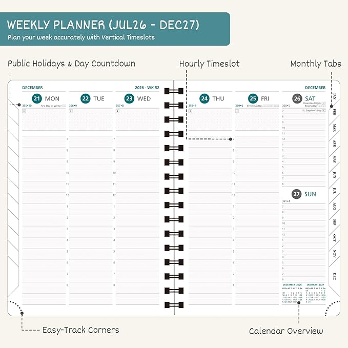 BEZEND Weekly Planner 2026-2027 (8.5" x 11") with Hourly Timeslots (Jul 26-Dec 27) 18 Months Academic Calendar & Monthly Tabs, for Students, Work & Home, Spiral PU Leather Softcover -Turquoise