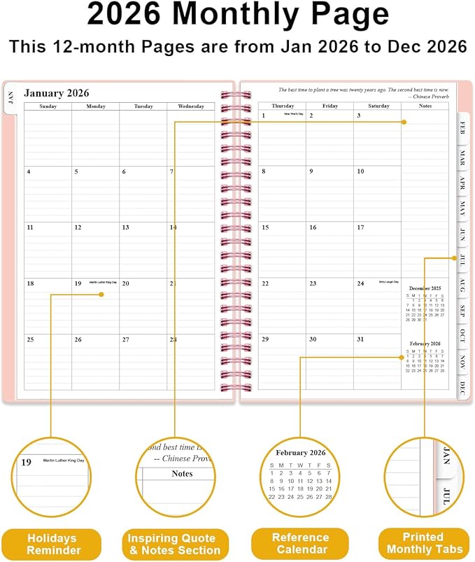 2026 Planner - Weekly and Monthly Planner from Jan 2026 - Dec 2026, Spiral Planning 2026 with 12-Month Tabs, Inner Pocket, 6.25" x 8.5", Pink