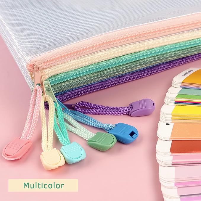 Tamaki 6 Pack Mesh Zipper Pouch with Label Pocket, Waterproof Zipper Bags, Document Bag Letter/A4, Durable Pouches for Organization Bag Board Game Storage