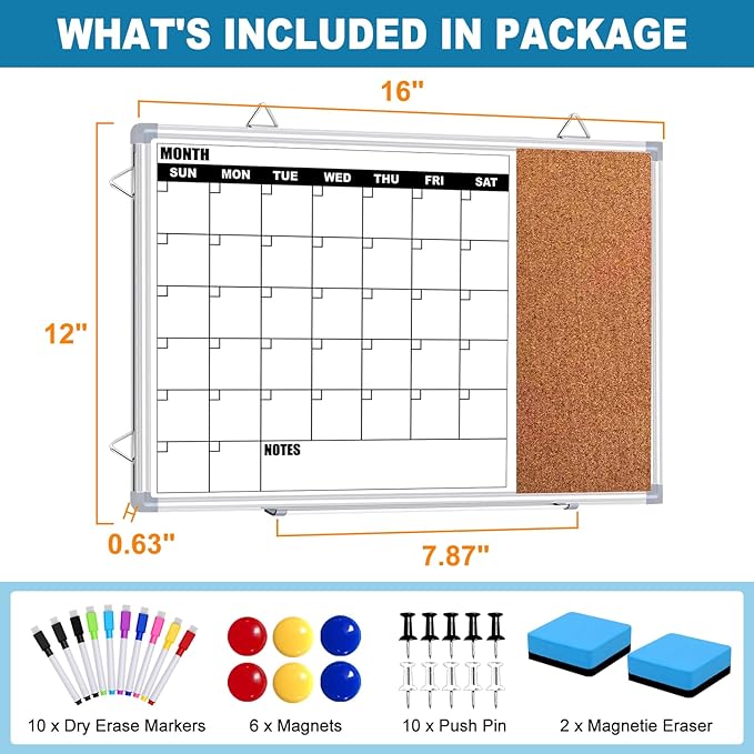 Calendar Whiteboard for Wall, 16" x 12" Double Sided Monthly Dry Erase Board Calendar for Office, Home, School, Hanging Cork Board White Board Combo, Portable Magnetic Dry Erase Planner Board