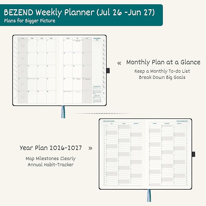 BEZEND Weekly Planner 2026 2027 Dot‑Grid Journal in One (5.5" x 8.5") 12 Month Academic Calendar with Tabs (Jul.26-Jun.27) for Student/School, 100gsm Thick Paper, PU Leather Hardcover - Burgundy