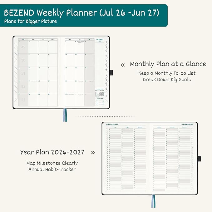 BEZEND Weekly Planner 2026 2027 Dot‑Grid Journal in One (5.5" x 8.5") 12 Month Academic Calendar with Tabs (Jul.26-Jun.27) for Student/School, 100gsm Thick Paper, PU Leather Hardcover - Pink