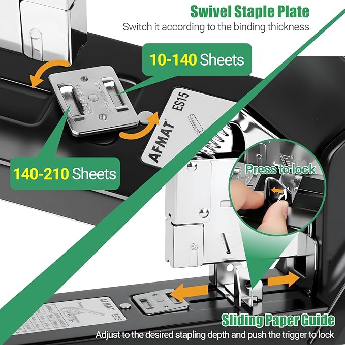 AFMAT Heavy Duty Stapler, 210 Sheet Effortless Stapler for Desk, 60% Reduced Effort, Jam Free, 50,000+ Uses, Adjustable Paper Depth, Metal Desktop Staplers for Office, Includes 7000Pcs Staples, ES15