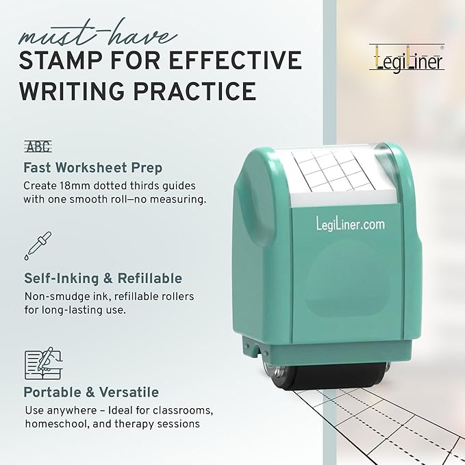 LEGILINER 3/4" Dotted Thirds Slanted Handwriting Line (Green) Teacher Stamp – Tri-Line Pattern for Calligraphy and Cursive Writing. Classroom & Home Use. Refillable Ink Writing Practice Roller Stamp.