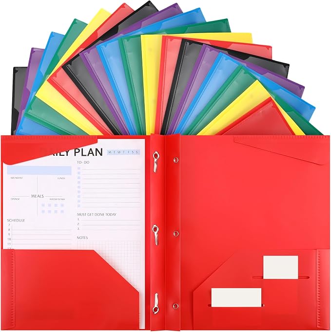Tenceur 48 Pack Plastic Folders with 3 Prongs Bulk Heavy Duty Folders with Clear Front Pockets and Card Slots with Fasteners Fit Letter-Size Papers for Work School Office (Bright Colors)