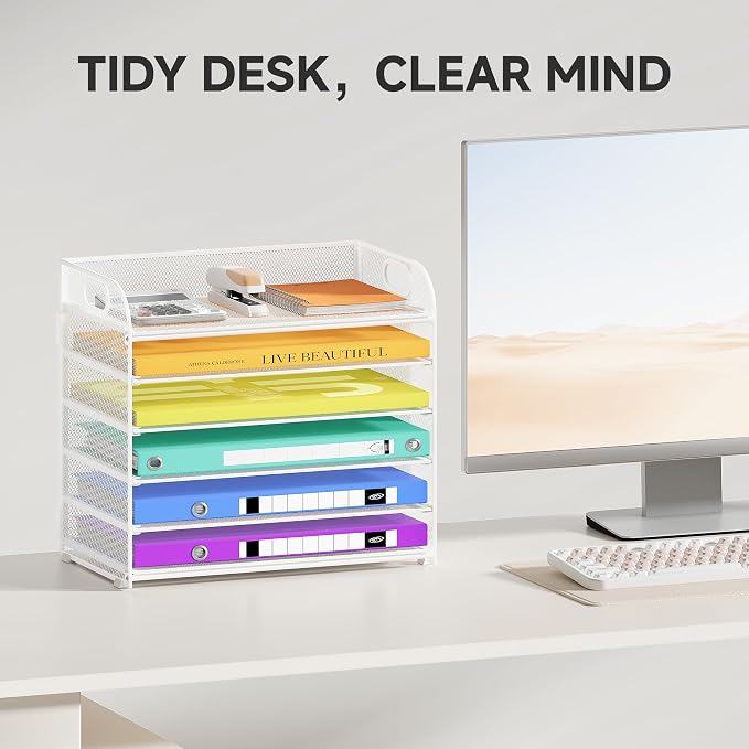 Cawukege 6 Tier Paper Organizer, White Letter Tray with Handle, Mesh Desk Organizer, Metal File Organizer, Office Desk Accessories for Home, Office, Classroom, School