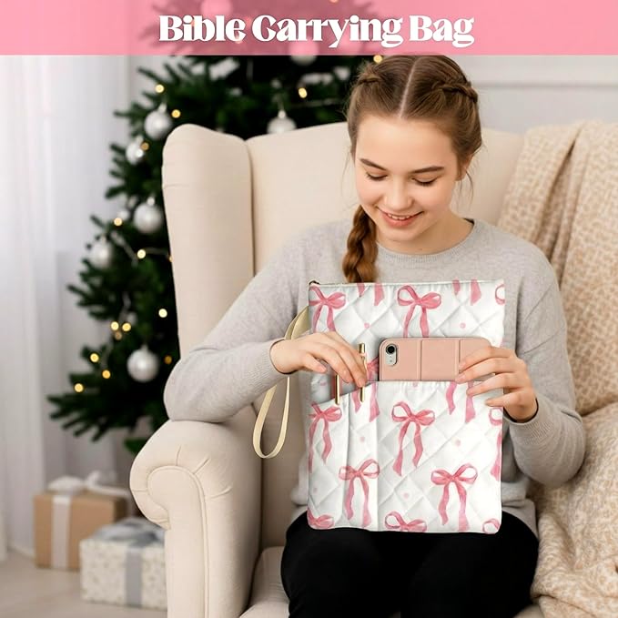 Gilprop Bible Book Sleeve with Zipper 11" x 9" Padded Protector Washable Quilted Book Covers Pink Bow Printed Bible Pouch with Handle Pockets Protector for Books Lover Christian Gifts