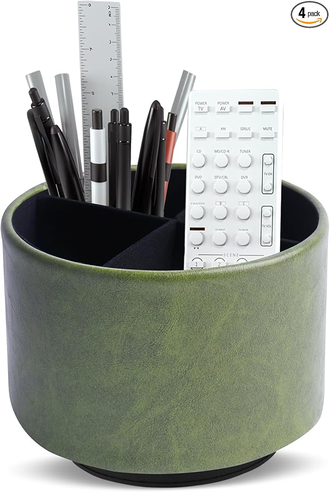 Round Leather Art Supply Organizer,Remote Control Holder,360 Degree Spinning,Multi-Functional Pencil Holder,4 Compartments Desktop Stationary Organizer(1-Oil Bamboo)