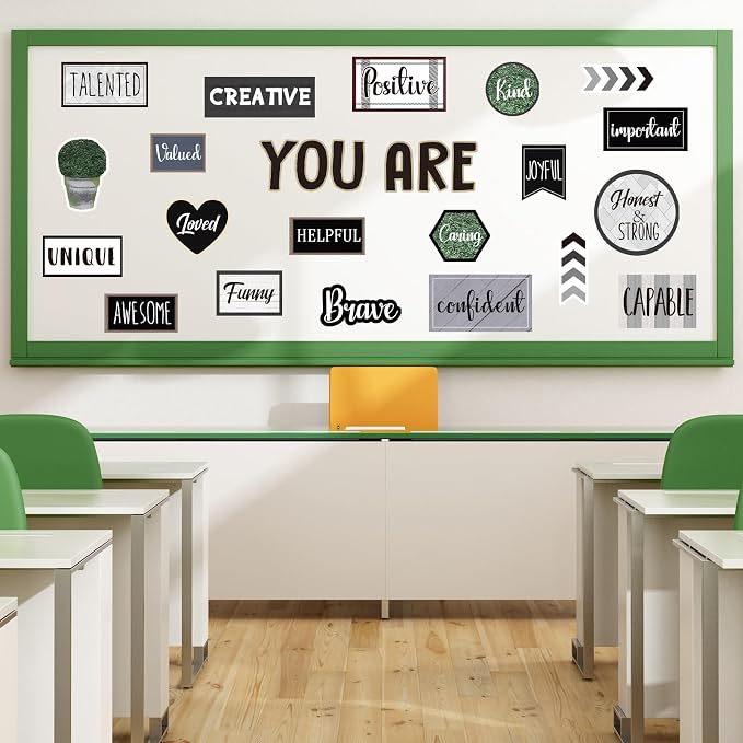 FYSUIMU 26Pcs Modern Farmhouse Inspirational Bulletin Board Decorations Motivational Sayings Paper Cutouts with 100Pcs Glue Points for Back to School Party Classroom Craft Wall