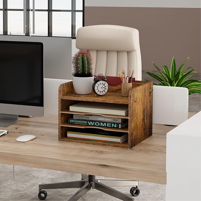 Snughome Vintage Wood File Organizer Desktop, 13.4’’ Document Letter Mail Tray Sorter with 3 Adjustable Shelves, Wooden Desktop Paper File Sorter Holder (Rustic Brown, 13.78’’L x 11.81’’W x 11.02’’H)