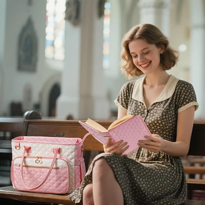 Large Bible Bag with Bible Cover Case for Women,Color-Blocking Bible Carrying Case,Church Tote Bag with Shoulder Strap for Bible Study Supplies,Christian Gifts for Women（Pink）