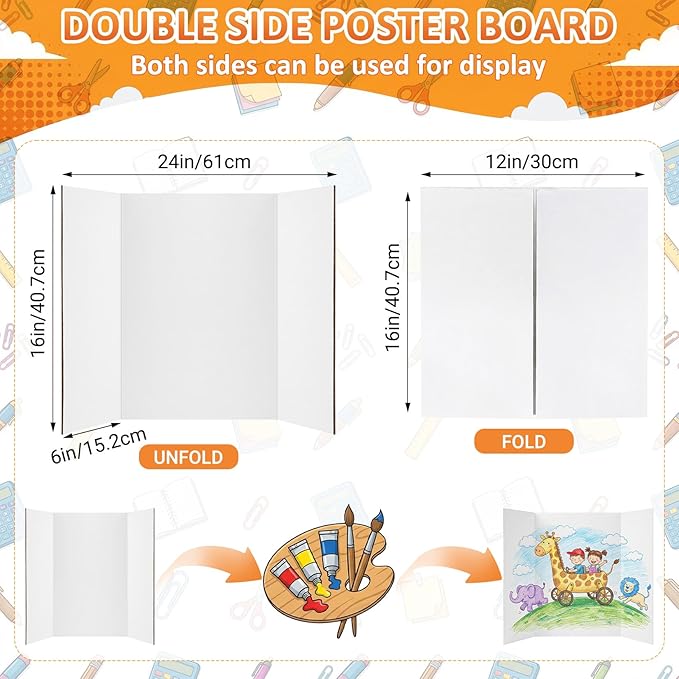 Small Trifold Poster Board, 5 Pack 24" x 16" White Corrugated Project Boards - Science Fair Display posterboard for School Projects, Science Fairs, Event Displays, and Business Presentations