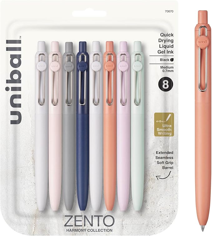 Uniball Zento Gel Ink Rollerball Pens, 8 Black Medium Point Smooth Writing Pens, Colored Japanese Pens, Harmony Colors