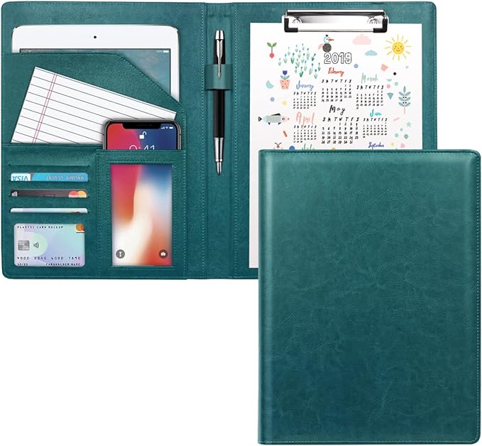 WAVEYU Padfolio Business/Resume Portfolio Folder, Leather Interview Portfolio Business Portfolio Portfolio Organizer with Legal Pad Folder Clipboard,Interview Folder for Men/Women, Dark Green