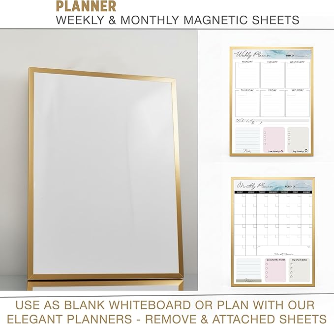 Small Whiteboard 12 x 16 Inch Magnetic Dry Erase Board with Stand & Wall Mount | Gold Aluminum Frame | Planner Board with Weekly & Monthly Sheets | 3 Markers, Eraser & 2 Magnets