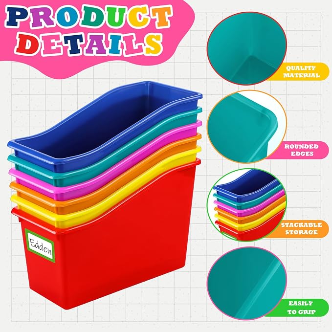 Jinei 24 Pack Multi Bright Color Book Bins for Classroom Bulk Binder Holders with Name Labels Plastic Organization Book Baskets Teacher Storage Boxes for Classroom Home Office