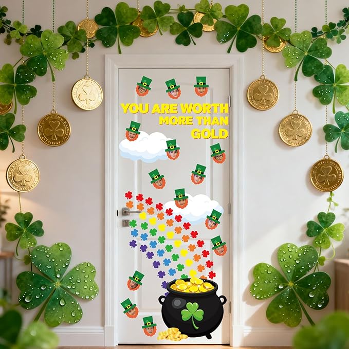 AnyDesign St. Patrick' s Day Classroom Door Decoration Bulletin Board Set Shamrock Clover Gold Coin Pot Paper Cutouts for Irish School Classroom Chalkboard Wall Door Welcome Decor