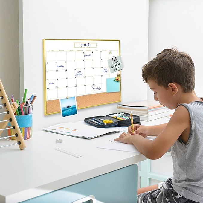 Whiteboard Calendar & Corkboard, 17" x 13" Dry Erase White Board & Bulletin Board, Gold Aluminum Frame Calendar/Cork Combo Board(ZHYL-Gold-3343-B+1)