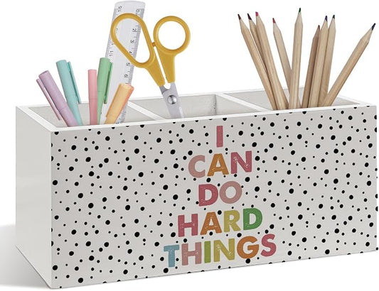 Boho Inspirational Pen Pencil Holder, Boho Desk Accessories, I Can Do Hard Things Motivational Wooden Pen Pencil Organizer for Kids Room Bedroom Classroom Home Office Desk Decor
