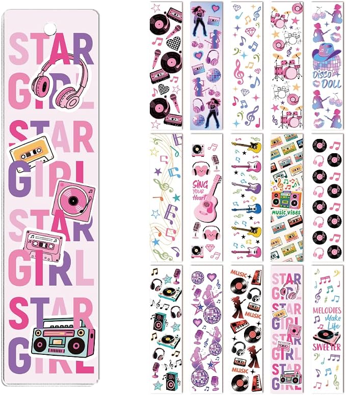Peacoblue 30pcs UV DTF Bookmarks Transfer Stickers Wraps Music Series for Women Men Reading, Waterproof Bookmarkers Decal(No Blank Bookmarks) for Acrylic Plastic Metal Blank Bookmark