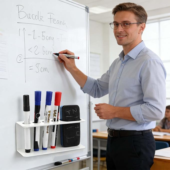Magnetic Pen and Marker Holder - No Drilling, Easy to Install, Aluminum Multi-Purpose Organizer for Whiteboard, Refrigerator, Locker, and Desk