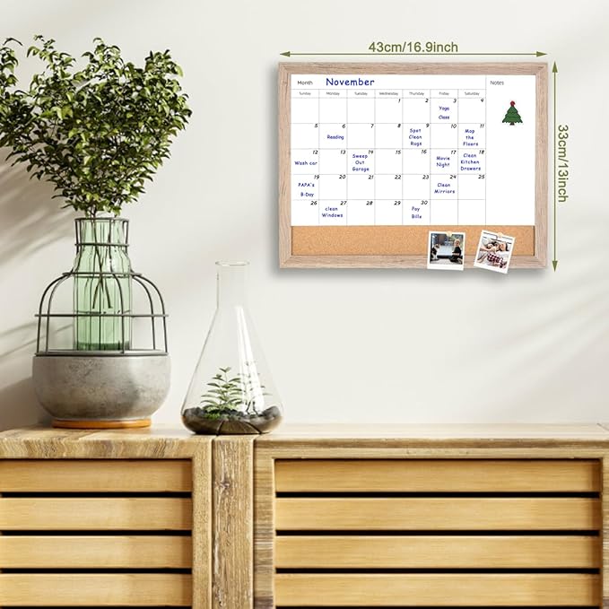 Monthly Calendar Dry Erase White Board & Cork Bulletin Board，13" x 17" Light Brown Wood Frame，Magnetic Surface Whiteboard.Perfect for Organizing Your Space.Whiteboard+Cork-3343B-QZ