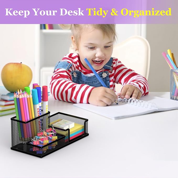 SUPEASY Pen Holder Desk Organizer, 2Pack Office Supplies Pencil Holder with 3 Compartments, Desk Accessories and Workspace Organizers for Home School Classroom, Black