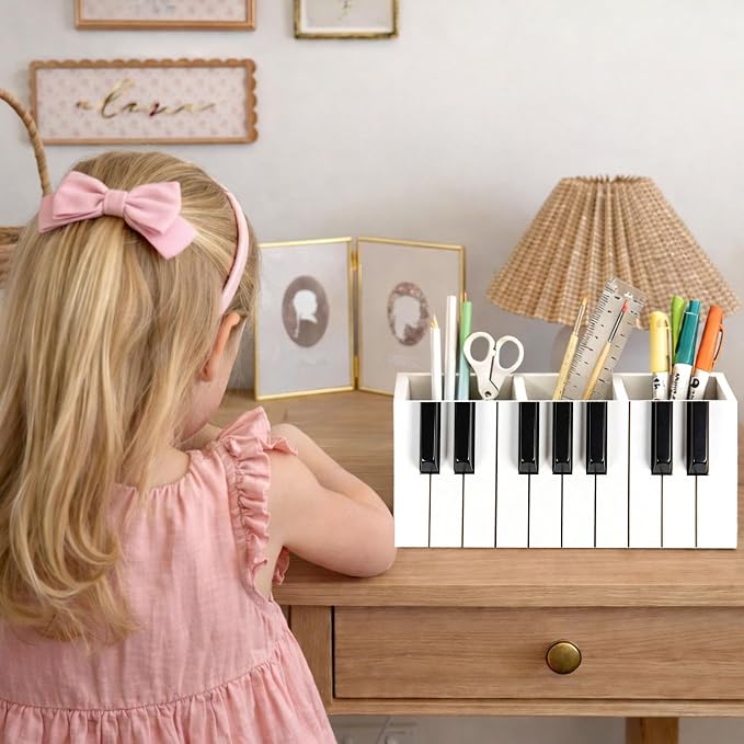 Piano Keys Desk Organizer, 3 Compartment Wooden Pencil Holder, Music-Themed Pen, Pencil, Scissors, Ruler Storage Box for Office, Home, Classroom