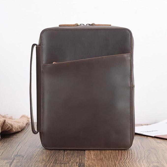 Polare Full Grain Leather Bible Cover Church Bag 10x7.5x2.2 inch Carrying Book Case Bible Protective with Handle and YKK Zippered Pocket (Dark Brown)
